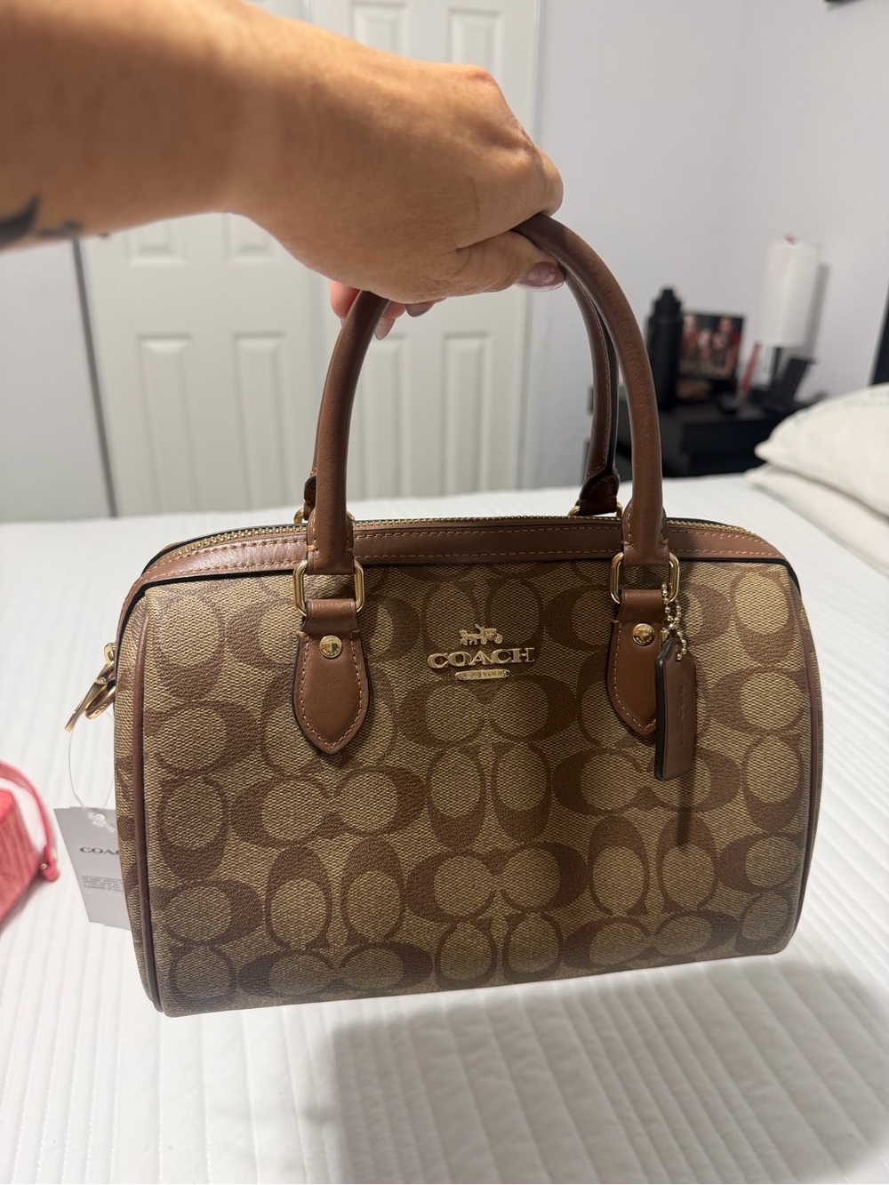 Coach Brown Signature Canvas Mini Satchel with Leather Trim